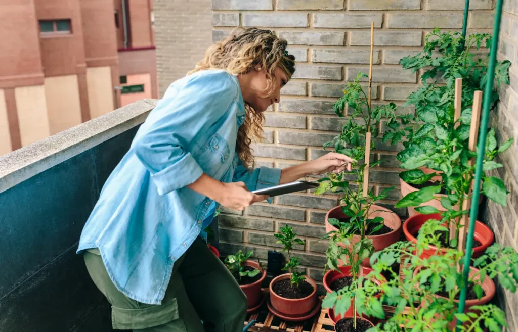 Frau überprüft Pflanzen des Stadtgartens auf dem Balkon